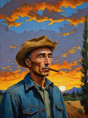 J.Robert Oppenheimer, Vincent Van Gogh style, male, 40s, serious facial expression, sharp jawline, messy brown hair, thick eyebrows, glasses, worn denim shirt, faded blue jeans, leather belt, standing