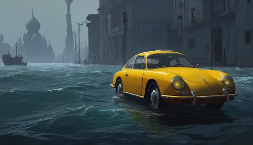 world digital painting,1000miglia,submersible,submerged,yellow car,sea storm,venezia,cinquecento,fiat 518,renault 4cv,flooded,digital painting,fiat 600,2cv,venetian,adrift,acqua pazza,venice,underwater background,exploration of the sea,Conceptual Art,Sci-Fi,Sci-Fi 07