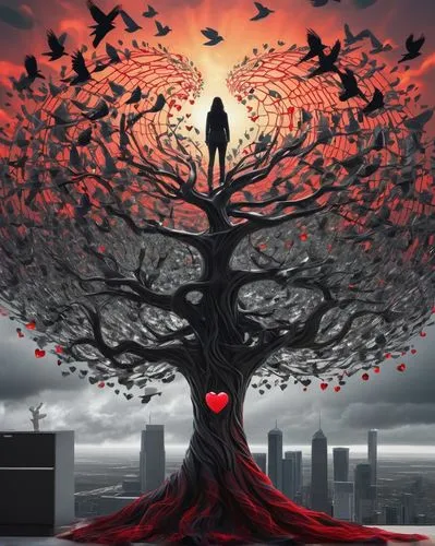 tree heart,tree of life,birds with heart,red tree,the heart of,magic tree,heart flourish,heart with crown,heart background,winged heart,human heart,murder of crows,equilibrium,flourishing tree,bodhi tree,flying heart,the branches of the tree,heart's desire,handing love,tree thoughtless,Illustration,Realistic Fantasy,Realistic Fantasy 05