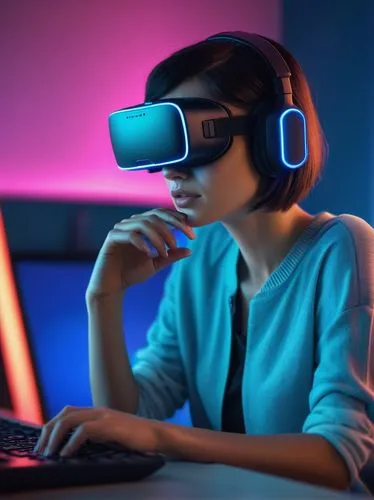 Stable diffusion model, free online platform, futuristic interface, minimalist design, neon blue accents, holographic display, virtual reality headset, woman with short hair, casual wear, sitting in f