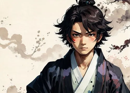 Create a Kimetsu no Yaiba (Demon Slayer) style illustration of a male character with the following characteristics:

Hair: Brown, medium length, slightly messy.
Face: Several striking scars on his fac