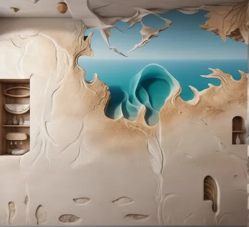 Mural for the walls with cavernous and prominent  coastal style and gypsum material ,wall painting,sand art,coastal and oceanic landforms,sea cave,continental shelf,mural,panoramical,wall plaster,wall