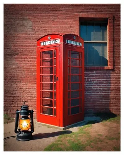 复古电话亭旧报纸红砖墙煤油灯,an old fashioned red phone booth beside a brick building,phone booth,payphone,courier box,outhouses,payphones,pay phone,Illustration,Retro,Retro 07