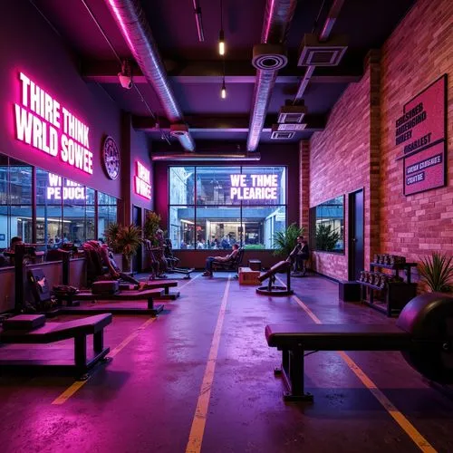 Vibrant fitness studio, bold color scheme, energetic atmosphere, neon lights, motivational quotes, modern equipment, sleek metal frames, rubber flooring, mirrored walls, high ceilings, natural light, 