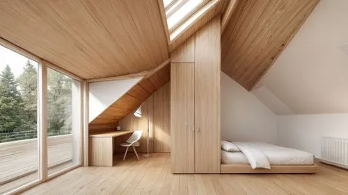 timber house,wooden sauna,wooden house,attic,wooden windows,wood window,laminated wood,wooden roof,wooden beams,wooden floor,modern room,wood floor,danish house,folding roof,dormer window,wooden planks,sleeping room,wooden construction,frame house,natural wood,Interior Design,Bedroom,Modern,French Minimalist