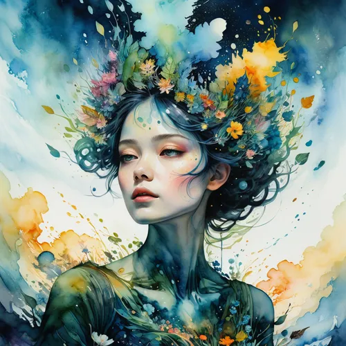 mystical portrait of a girl,girl in flowers,dryad,girl in a wreath,flora,falling flowers,faery,fantasy portrait,cosmic flower,flower fairy,faerie,bloom,flower nectar,the enchantress,dry bloom,kahila garland-lily,passion bloom,fantasy art,flowers celestial,pollinate,Illustration,Paper based,Paper Based 20