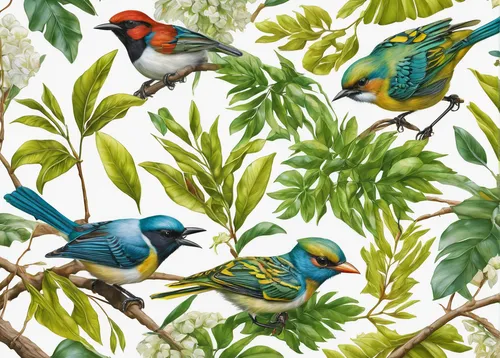 birds on a branch,birds on branch,tropical birds,garden birds,flower and bird illustration,songbirds,finches,passerine parrots,bird pattern,bird robins,robins in a winter garden,key birds,group of birds,blue birds and blossom,bird painting,tropical bird climber,house finches,colorful birds,hummingbirds,bird illustration,Illustration,Realistic Fantasy,Realistic Fantasy 03