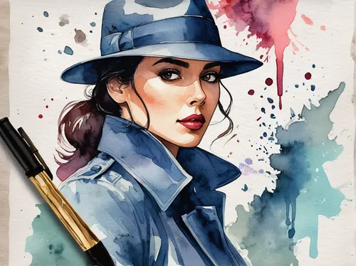 detective,policewoman,watercolor,inspector,watercolor paint,watercolor painting,watercolors,smooth criminal,watercolour,watercolor pin up,investigator,watercolor women accessory,girl with a gun,lupin,watercolor blue,water colors,police hat,water color,watercolor pencils,girl with gun,Illustration,Paper based,Paper Based 25