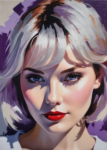 portrait of a young Elisha Cuthbert from an oil painting on raw linen canvas, in the style of light gray and violet, loose and gestural style, textile art, young british artists (ybas), minolta riva m