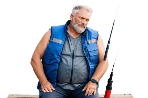 Fat fisherman, middle-aged man, muscular arms, white beard, messy hair, blue eyes, wrinkled skin, worn-out life jacket, grey vest, fishing rod in hand, sitting on wooden dock, morning sunlight, 3/4 co