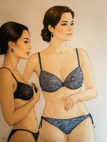 Ink drawing of some beautiful bikini women who stand next to a bed,the painting shows a female standing beside another female in lingerie,seana,gangloff,meninas,watercolor pin up,two girls,vintage dra