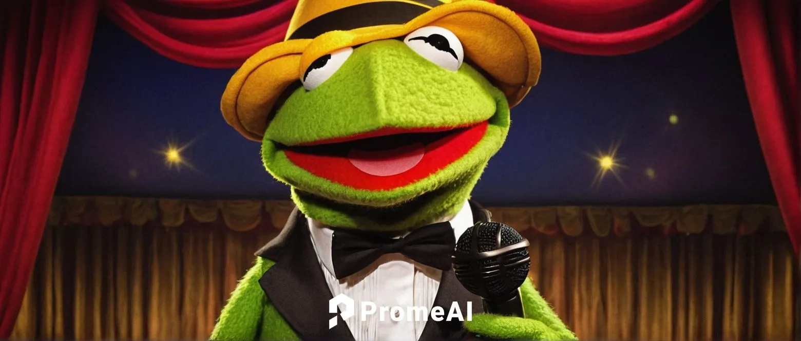 Muppet character, green skin, furry, goofy eyes, wide smile, Kermit-like nose, bright yellow hat, red bow tie, holding a microphone, standing on a stage, colorful curtains, spotlight shining down, com