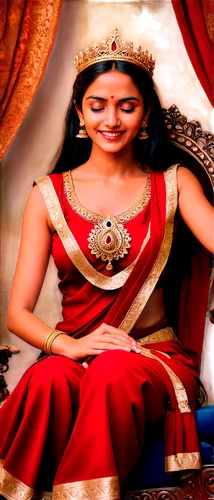 Durga Matha, Hindu goddess, golden crown, red sari, intricate jewelry, benevolent face, gentle smile, serene eyes, decorated hands, lotus flowers, ornate throne, velvet drapes, warm lighting, soft foc