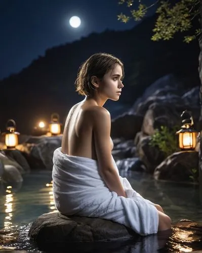 the night of kupala,girl on the river,hot spring,moonlit night,night scene,moonlight,japan's three great night views,moonlit,photo session at night,woman at the well,romantic night,spa water fountain,the girl in nightie,the blonde in the river,water nymph,romantic scene,thermal bath,spa,night photography,the girl in the bathtub,Photography,General,Realistic