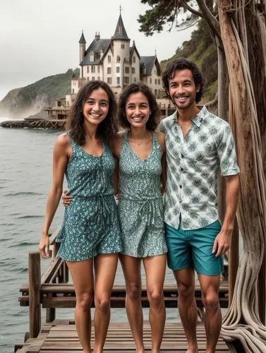 The picture shows two people standing on a wooden jetty by the sea, smiling friendly into the camera.
Both people are wearing the following clothes:
	- The woman is wearing a short dress.
	- The man i