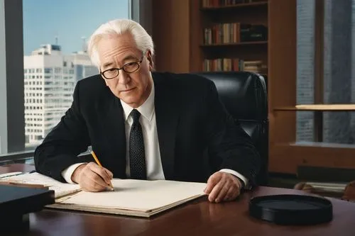 Michael Graves, American architect, sitting at desk, wearing glasses, white hair, black suit, white shirt, tie, holding pencil, designing, drafting, modern architecture, skyscraper, villa, residential