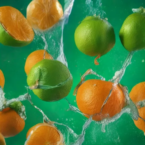 this is an image of some oranges and limes,green oranges,tangerines,oranges,orange slices,asian green oranges,lime slices