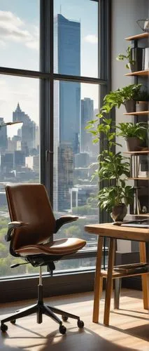 Modern office interior, corporate setting, professional atmosphere, wooden desk with metal legs, ergonomic chair, floor lamp with white shade, green plants on shelves, abstract art pieces, minimal dec