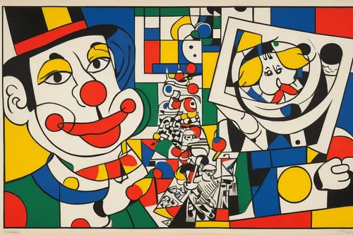 roy lichtenstein,parcheesi,picasso,david bates,cubism,cool pop art,popart,pop art people,circus,abstract cartoon art,clowns,vaudeville,rodeo clown,multicolor faces,dizzy,deck of cards,juggler,universal exhibition of paris,faces,mime artist,Art,Artistic Painting,Artistic Painting 39