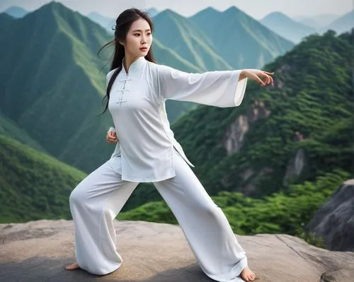 very beautiful charming Chinese woman in white, practicing Tai Chi on the top of the mountain, beautiful green expressive deep eyes, beautiful thin lips, beautiful long lush hair, happy,taijiquan,bagu