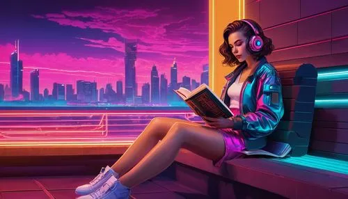 sci fiction illustration,girl studying,80s,cyberpunk,girl at the computer,neon lights,neon light,listening to music,80's design,music player,music background,neon,retro music,world digital painting,book electronic,neon colors,music books,neon coffee,cg artwork,neon candies,Conceptual Art,Sci-Fi,Sci-Fi 27