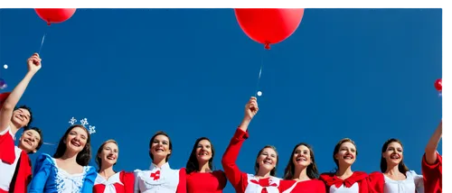 Canada flag, maple leaf, national day, festive atmosphere, happy crowd, outdoor celebration, sunny weather, blue sky with white clouds, confetti, balloons, red and white costumes, smiling faces, group