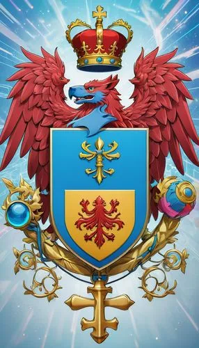 A coat of arms of a noble family in England in a futuristic world.,a large blue and yellow emblem with two red birds,lazio,escudo,russian coat of arms,sakhalin,porozo,coat of arms of bird,Illustration