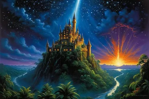 fantasy picture,cinderella's castle,fantasy world,disney castle,hildebrandt,fantasy landscape,Illustration,Realistic Fantasy,Realistic Fantasy 32