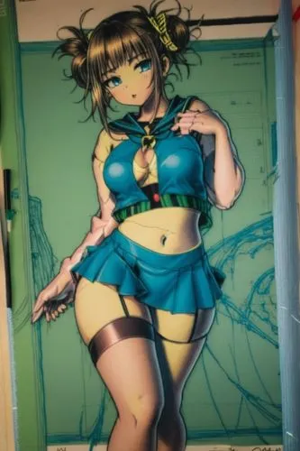 the cover of the anime book of a girl in a blue dress with tights and panties,kotobukiya,sonika,thick paint,mion,ela,ritsuko,Unique,Design,Blueprint