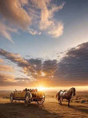 Golden greek war chariot drawn by 4 horses also made of gold, all very shining, background is warm sunrise sky with clouds, edge lighting, photorealistic, super high resolution, 8k render,,the gobi de