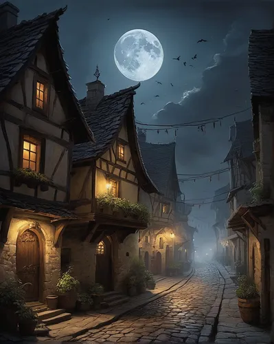 medieval street,witch's house,halloween background,medieval town,moonlit night,night scene,fantasy picture,halloween scene,witch house,wooden houses,knight village,fantasy landscape,halloween wallpaper,aurora village,houses clipart,bremen town musicians,the cobbled streets,moonlit,the haunted house,halloween and horror,Conceptual Art,Fantasy,Fantasy 13