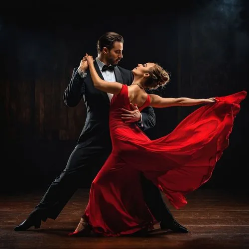 Artistas talentosos. Hermosos jóvenes, hombre y mujer, ejecutando un tango apasionado sobre un fondo negro de estudio. La seda del vestido rojo de la mujer contrasta con el traje negro del hombre, mie