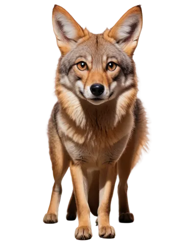 Desert coyote, wild animal, solo, (adult), fluffy fur, pointed ears, bushy tail, brown eyes, sharp teeth, standing on all fours, looking up, realistic, warm lighting, shallow depth of field, panoramic