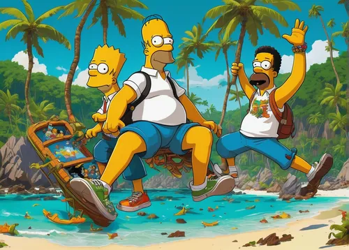 homer simpsons,homer,surfers,flanders,beach goers,island residents,summer background,cartoon video game background,bart,summer icons,rio 2016,cartoon palm,swimming people,people on beach,tourists,simson,april fools day background,margarita island,jeans background,beach background,Conceptual Art,Oil color,Oil Color 07