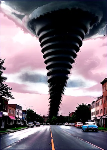 Tornado, destructive, massive, dark funnel cloud, rotating vortex, debris flying around, strong wind blowing, destruction scene, cityscape background, buildings destroyed, cars thrown, trees uprooted,