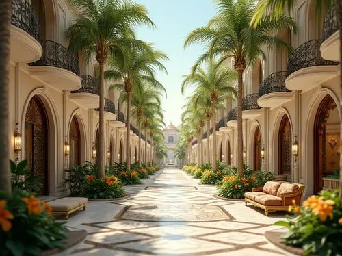 palmilla,patios,walkway,courtyards,arcaded,riad,breezeway,dorne,courtyard,archways,royal palms,palmtrees,theed,palm garden,paradisus,palm forest,resort,palmbeach,hacienda,3d rendering,Photography,General,Realistic