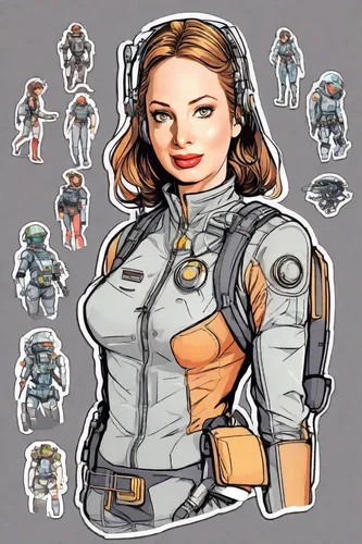 vector girl,symetra,robot icon,cyborg,sci fiction illustration,space-suit,clipart sticker,retro paper doll,head woman,bb8,spacesuit,droid,cg artwork,princess leia,space suit,game illustration,icon set,sci fi,maya,vector people,Digital Art,Sticker