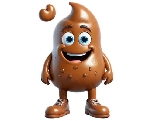 Cartoon poop character, smiling face, bright brown color, shiny texture, rounded shape, sitting pose, legs crossed, 3D rendering, vibrant colors, soft focus, cinematic composition, funny expression, e