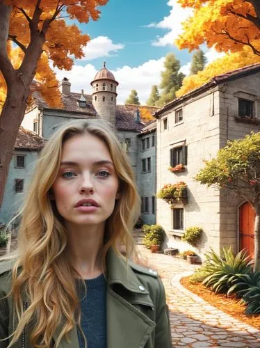 a beautiful woman standing in front of a castle,autumn background,delaurentis,margairaz,ravenswood,iulia hasdeu castle,autuori