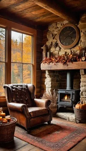 autumn decor,the cabin in the mountains,fire place,fireplace,family room,autumn decoration,coziness,coziest,sitting room,rustic,rustic aesthetic,fireplaces,home interior,livingroom,warm and cozy,log cabin,chalet,alpine style,living room,interior decor,Illustration,Realistic Fantasy,Realistic Fantasy 13