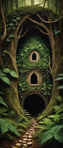 tunnel of plants,plant tunnel,hollow way,knothole,crooked forest,labyrinth,tree house,fairy house,wall tunnel,witch's house,house in the forest,undergrowth,lost place,ancient house,world digital painting,nest,treehouse,threshold,emergence,the forest,Illustration,Realistic Fantasy,Realistic Fantasy 40