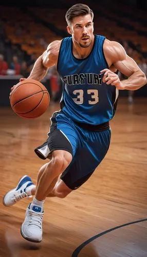 Brian Frick, muscular man, 30s, short brown hair, strong facial features, bright blue eyes, slight stubble, white sleeveless shirt, black athletic pants, sneakers, basketball player, intense action, d