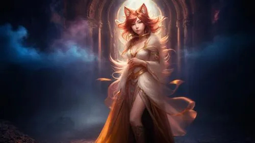 sorceress,fireheart,fantasy portrait,fantasy picture,kitsune,priestess,akhnaten,sorceror,the enchantress,titania,elenore,portal,fantasy art,hecate,velika,fire angel,firestar,faerie,flame spirit,prospera