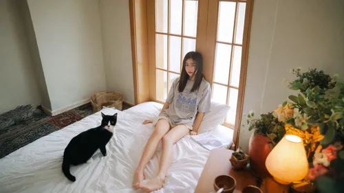 mari makinami,bedroom,domestic long-haired cat,cat in bed,cat lovers,cat's cafe,woman on bed,the girl is lying on the floor,uji,domestic cat,windowsill,girl in bed,cat furniture,asian semi-longhair,pajamas,vintage cat,window sill,cat frame,morning light,studio ghibli