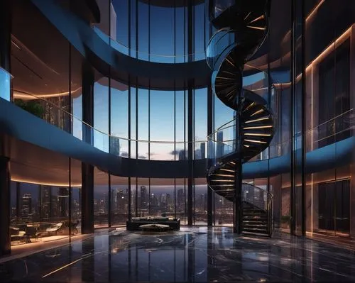 Modern, luxurious, skyscraper, futuristic, cad software, sleek lines, minimalist, glass facade, steel structure, marble interior, grand lobby, high ceiling, chandelier, spiral staircase, floor-to-ceil