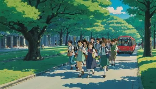 tsumugi kotobuki k-on,studio ghibli,nodame,haruhi suzumiya sos brigade,ghibli,clannad,bus stop,school children,wakanohana,suzumiya,school bus,katsuhito,city bus,kotoko,genshiken,schoolchildren,ekiden,people walking,takahata,schoolbus,Illustration,Japanese style,Japanese Style 14