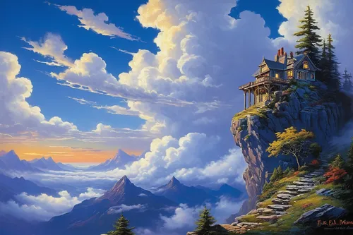 fantasy landscape,mountain settlement,fantasy picture,mountain scene,mountain landscape,mountainous landscape,high landscape,cloud mountain,meteora,summit castle,fantasy art,knight's castle,landscape background,fairy tale castle,panoramic landscape,home landscape,house in mountains,mountainside,blue mountain,castel,Illustration,Retro,Retro 02