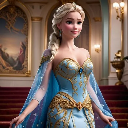 Walt Disney Pictures

Frozen ( Kinofilm CGI serie )

Königin Elsa ( Frozen )

Sie geht anmutig die stufen einer Treppe zum Königlichem Ballsaal hinunter
Das Kleid ist an ein paar stellen transparent,e