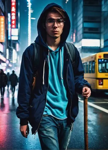 Midnight journey, solo traveler, backpacker, young adult, determined expression, messy brown hair, glasses, hoodie, ripped jeans, sneakers, walking stick, dimly lit city street, Tokyo neon lights, sky