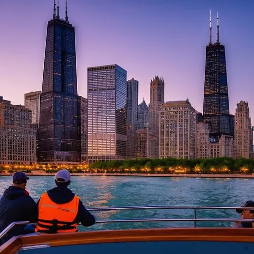 chicago skyline,chicagoan,chicago,chicagoland,chicago night,water taxi,boat ride,federsee pier,lakefront,navy pier,ferryboats,cruises,northwestern,ferrying,chicagoans,on a yacht,boaters,dearborn,illinoian,blue hour,Illustration,Japanese style,Japanese Style 16